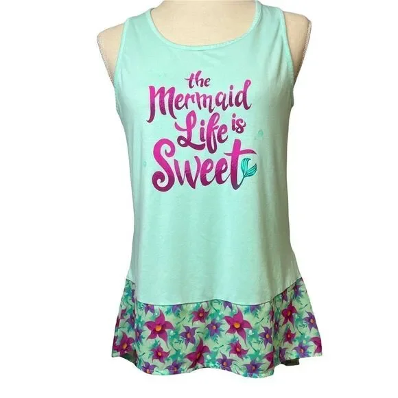 Disney The mermaid life is Sweet Graphic Tank Top Solid Blue & Purple floral M - Picture 2 of 12